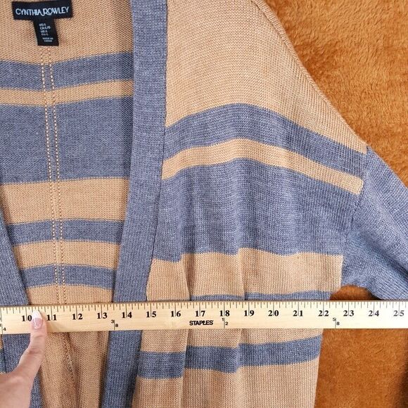 CYNTHIA ROWLEY Womens Sweater Large Tan Gray Cardigan Merino Wool Open Pockets - Picture 6 of 8